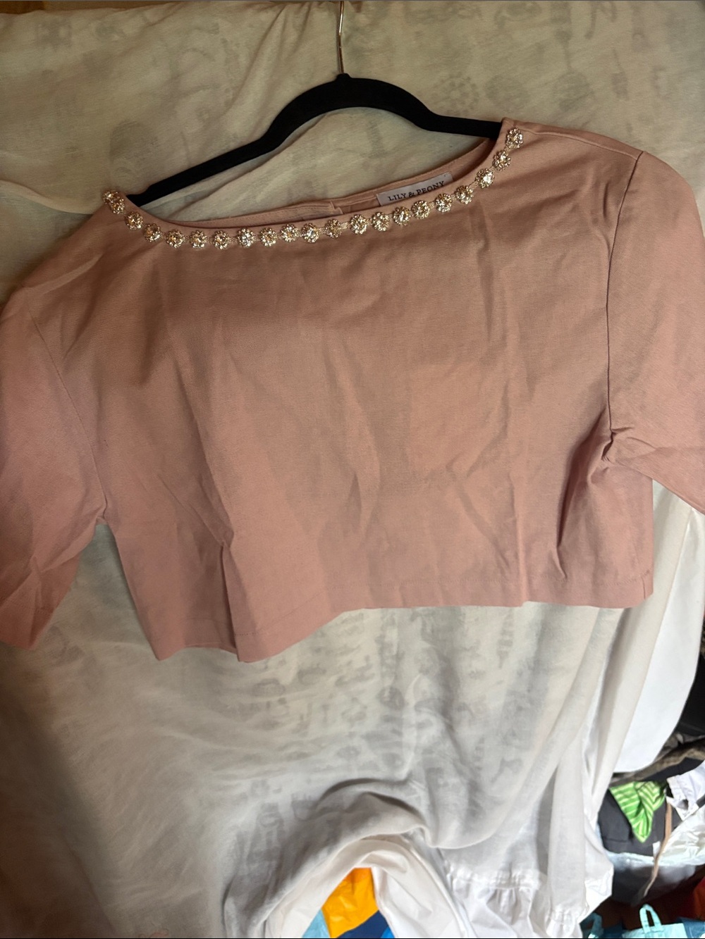 Lilly and Peony Blush Pink Jeweled Neck Crop Top (LINEN) Button Back NWT